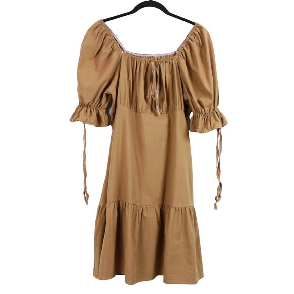Camel Puff Sleeve Square Neck Summer Dress - Picture 2 of 13